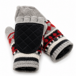 Hand Knit Wool Fleece Lined Convertible Fingerless Glove Mittens