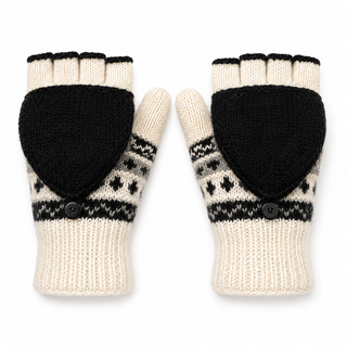 Hand Knit Wool Fleece Lined Convertible Fingerless Glove Mittens