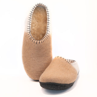 Tan Womens Wool Clog Slipper with Rubber Soles