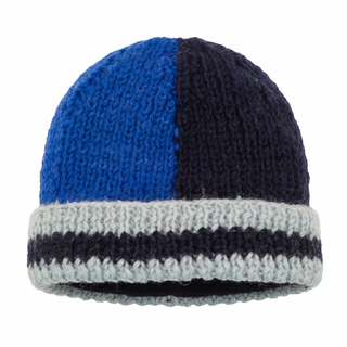 Knitted beanie with blue, black, and gray stripes on a white background