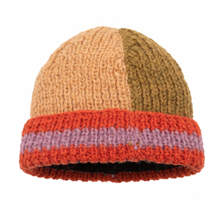 Knitted hat with a color-blocked design featuring beige, green, and red on a white background.
