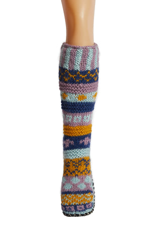 Hand Knit Wool Long Fleece Lined Slipper Socks With Non Slip Soles