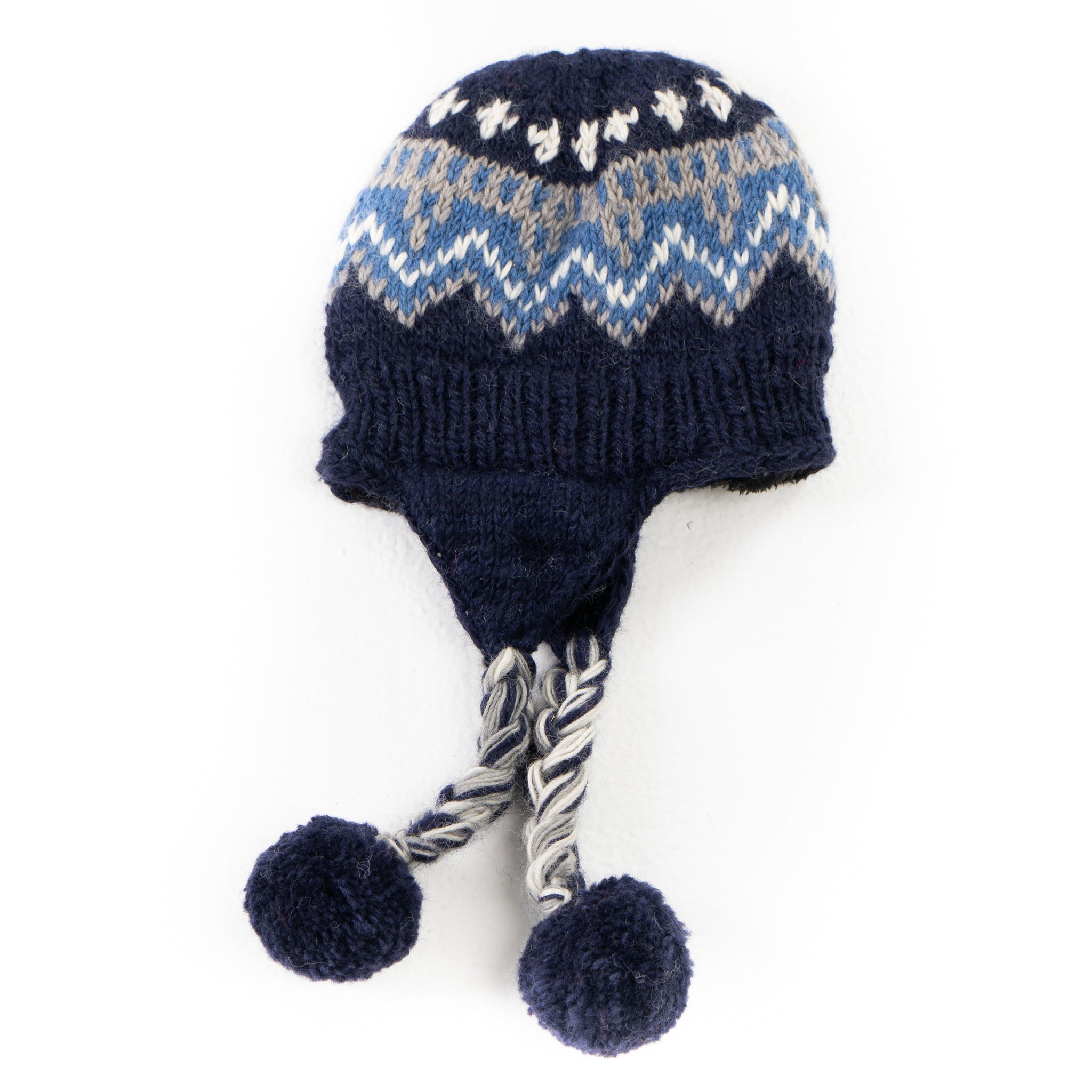 Hand Knit Wool Fleece Lined Beanie Pom Pom Hat