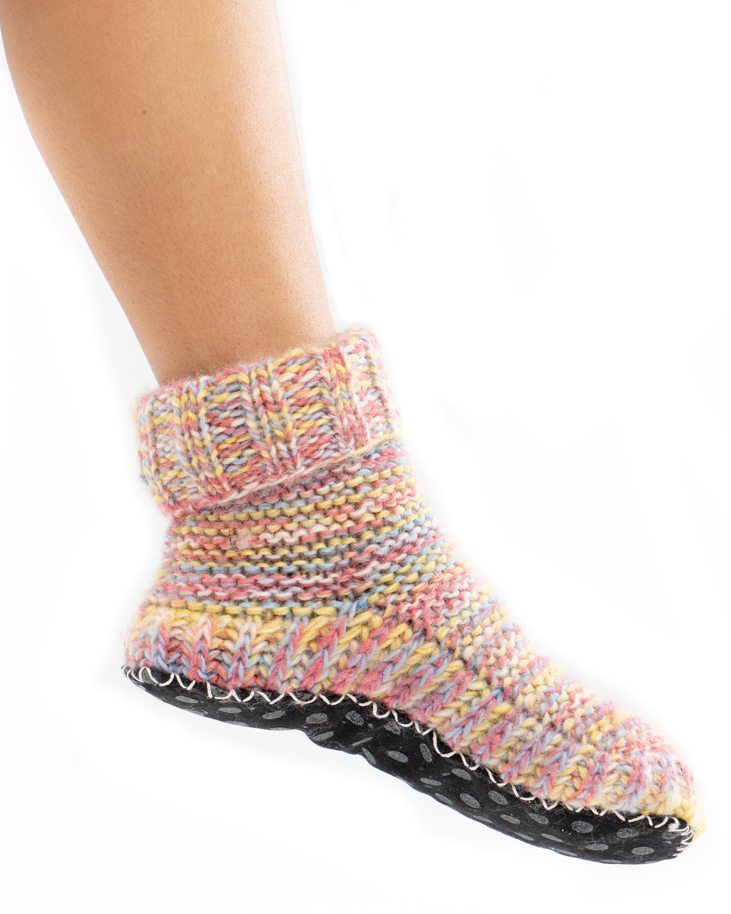 Hand Knit Wool Fleece Lined Mid Bootie Slipper Non Slip Soles – Tibetan  Socks