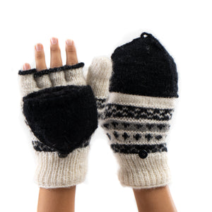 Hand Knit Wool Fleece Gloves, Wool Mittens -  White Black Multi