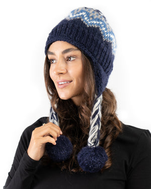 Hand Knit Wool Fleece Lined Beanie Pom Pom Hat Blue Mix
