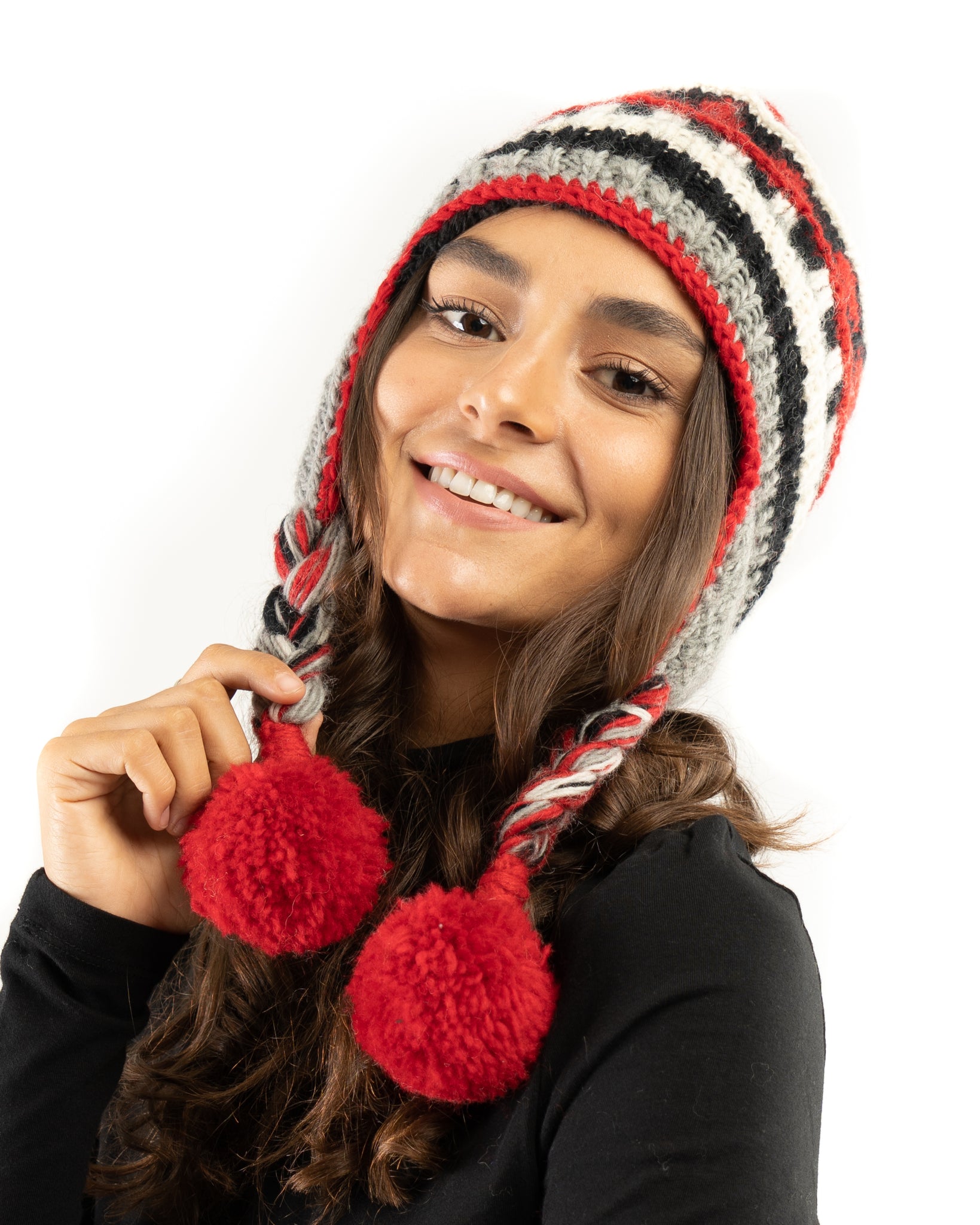 Hand Knit Wool Fleece Lined Beanie Pom Pom Hat