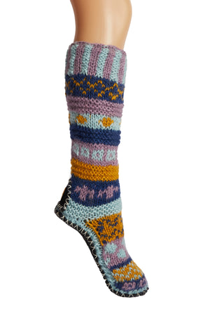 Hand Knit Wool Long Fleece Lined Slipper Socks - Tibetan Socks