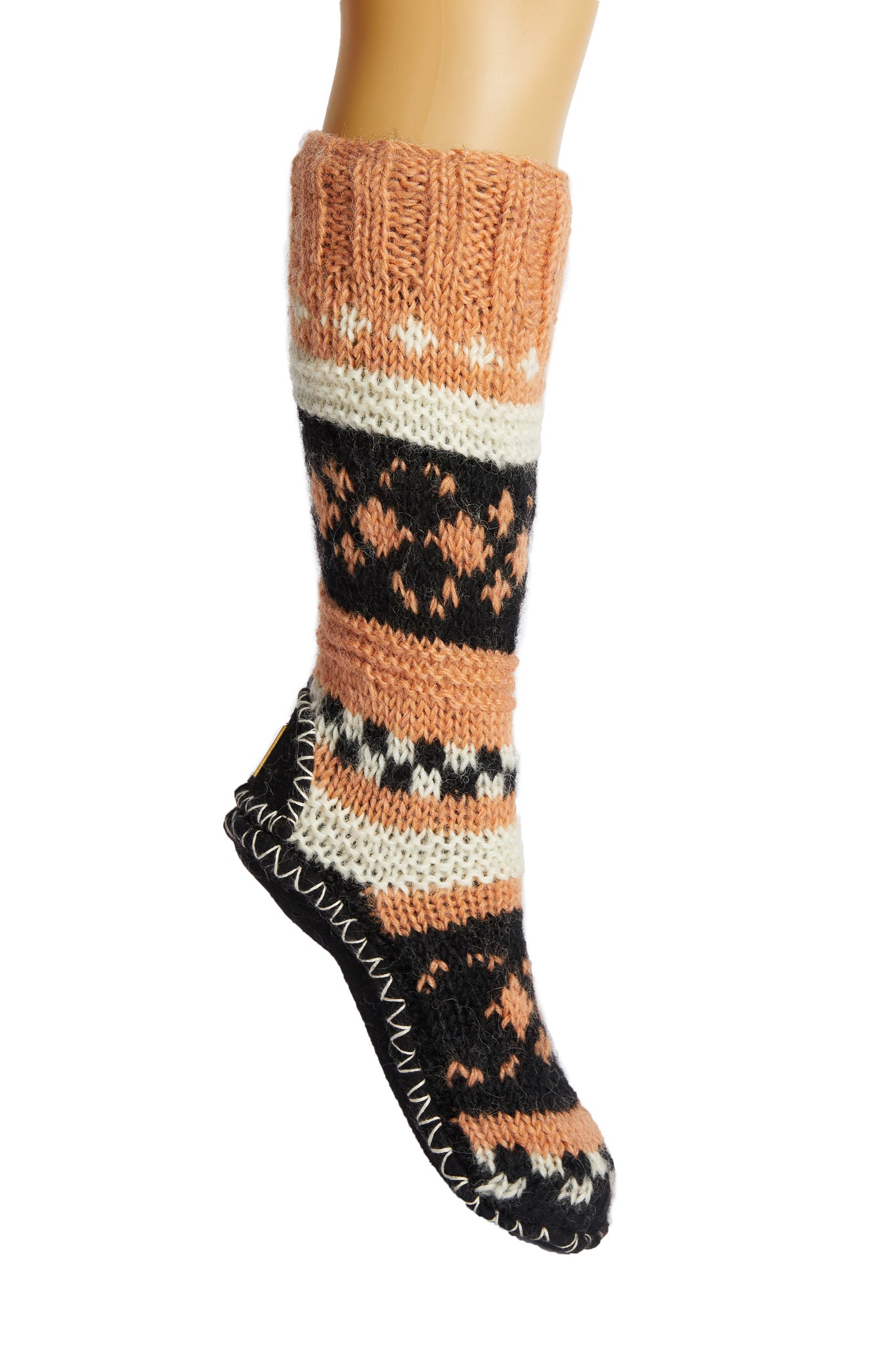 Hand Knit Wool Long Fleece Lined Slipper Socks With Non Slip Soles