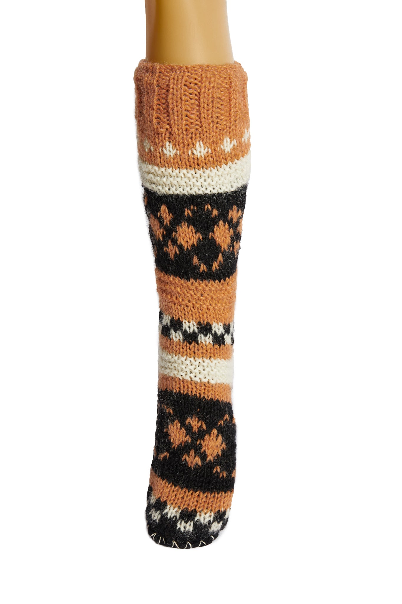 Hand Knit Wool Long Fleece Lined Slipper Socks With Non Slip Soles