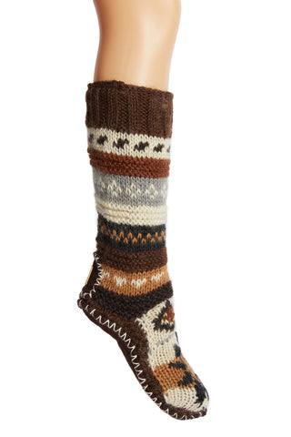 Hand Knit Wool Long Fleece Lined Slipper Socks - Tibetan Socks